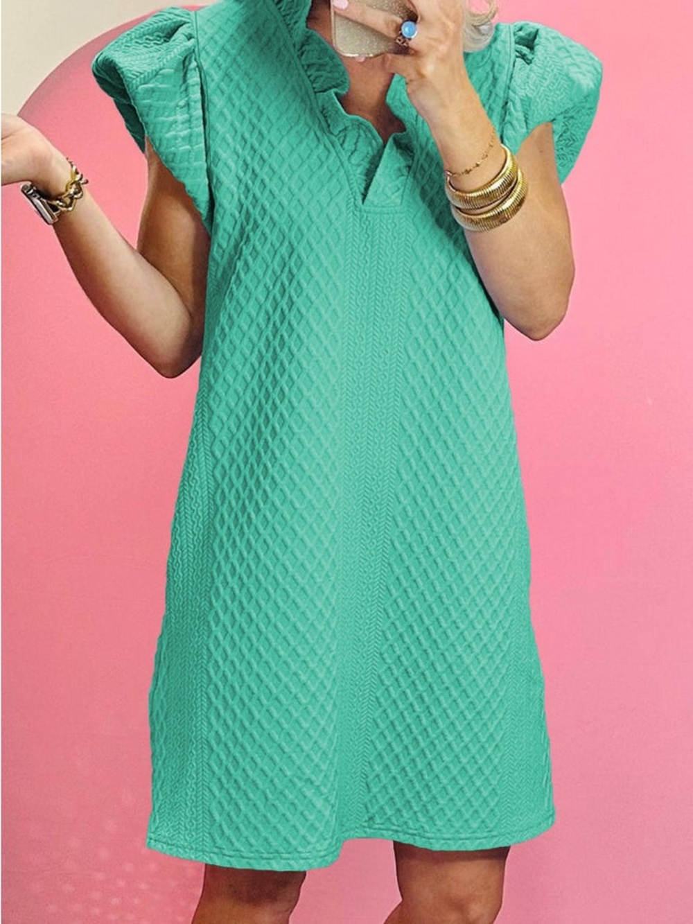 Textured Mint Green Puff Sleeve Shift Dress